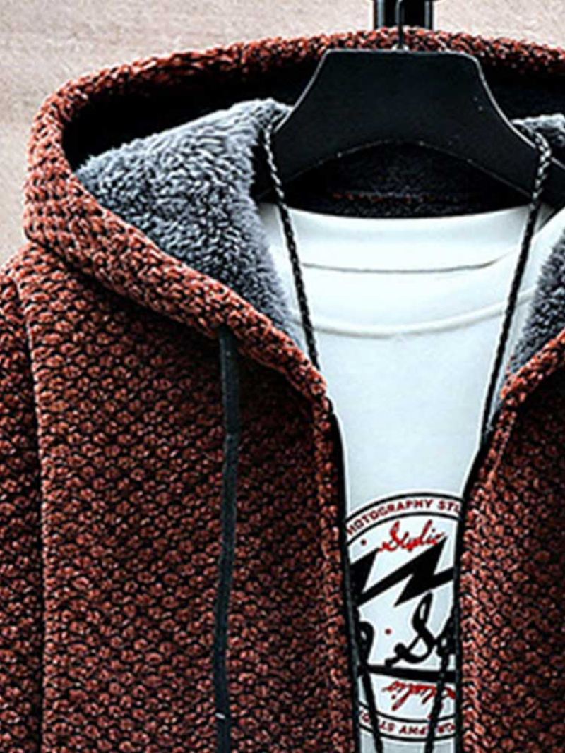 Sweter Z Podszewką Z Polaru Dla Mężczyzn Zipper Długi Kardigan Z Kapturem Solidna Gruba Odzież Wierzchnia Jesienno-zimowa Ciepła Kurtka - Karmel