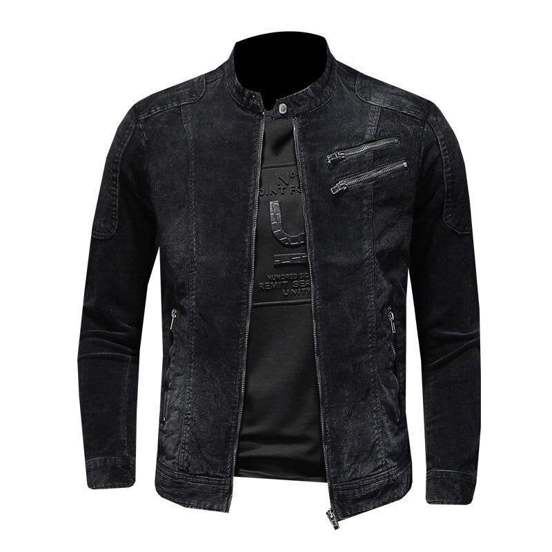 Sztruksowa Kurtka Jeansowa Męski Płaszcz Dżinsowy Bomber Stojak Motocyklowy Z Kołnierzem Z Długim Rękawem Slim Street Black Cowboy Outwear - Czarny