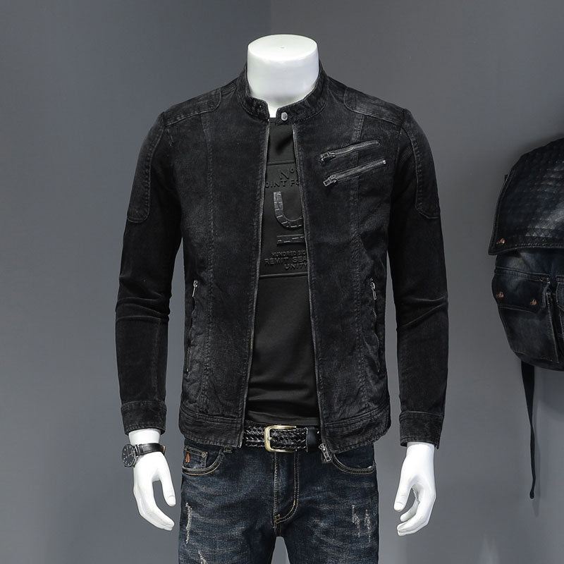 Sztruksowa Kurtka Jeansowa Męski Płaszcz Dżinsowy Bomber Stojak Motocyklowy Z Kołnierzem Z Długim Rękawem Slim Street Black Cowboy Outwear - Czarny