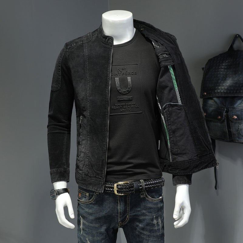 Sztruksowa Kurtka Jeansowa Męski Płaszcz Dżinsowy Bomber Stojak Motocyklowy Z Kołnierzem Z Długim Rękawem Slim Street Black Cowboy Outwear - Czarny