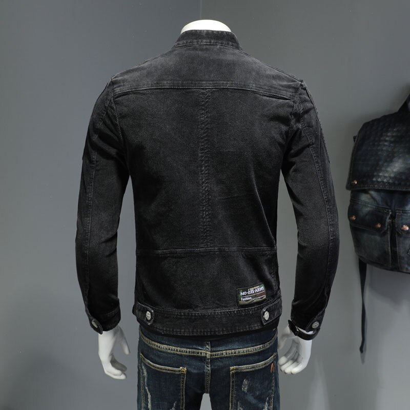 Sztruksowa Kurtka Jeansowa Męski Płaszcz Dżinsowy Bomber Stojak Motocyklowy Z Kołnierzem Z Długim Rękawem Slim Street Black Cowboy Outwear - Czarny