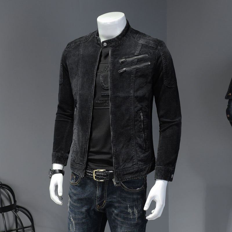 Sztruksowa Kurtka Jeansowa Męski Płaszcz Dżinsowy Bomber Stojak Motocyklowy Z Kołnierzem Z Długim Rękawem Slim Street Black Cowboy Outwear - Czarny