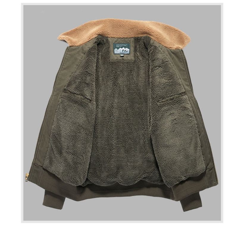 Zimowa Męska Kurtka Bomberka Casual Odzież Znosić Polarowe Futro Z Kołnierzem Ciepłe Płaszcze Retro - Khaki