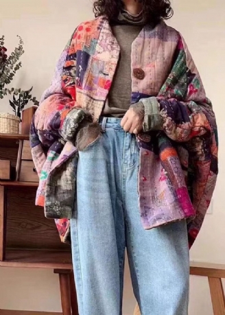 Boho Nadruk W Stylu Retro Kieszenie Na Guziki Swobodna Zimowa Bawełniana Parka