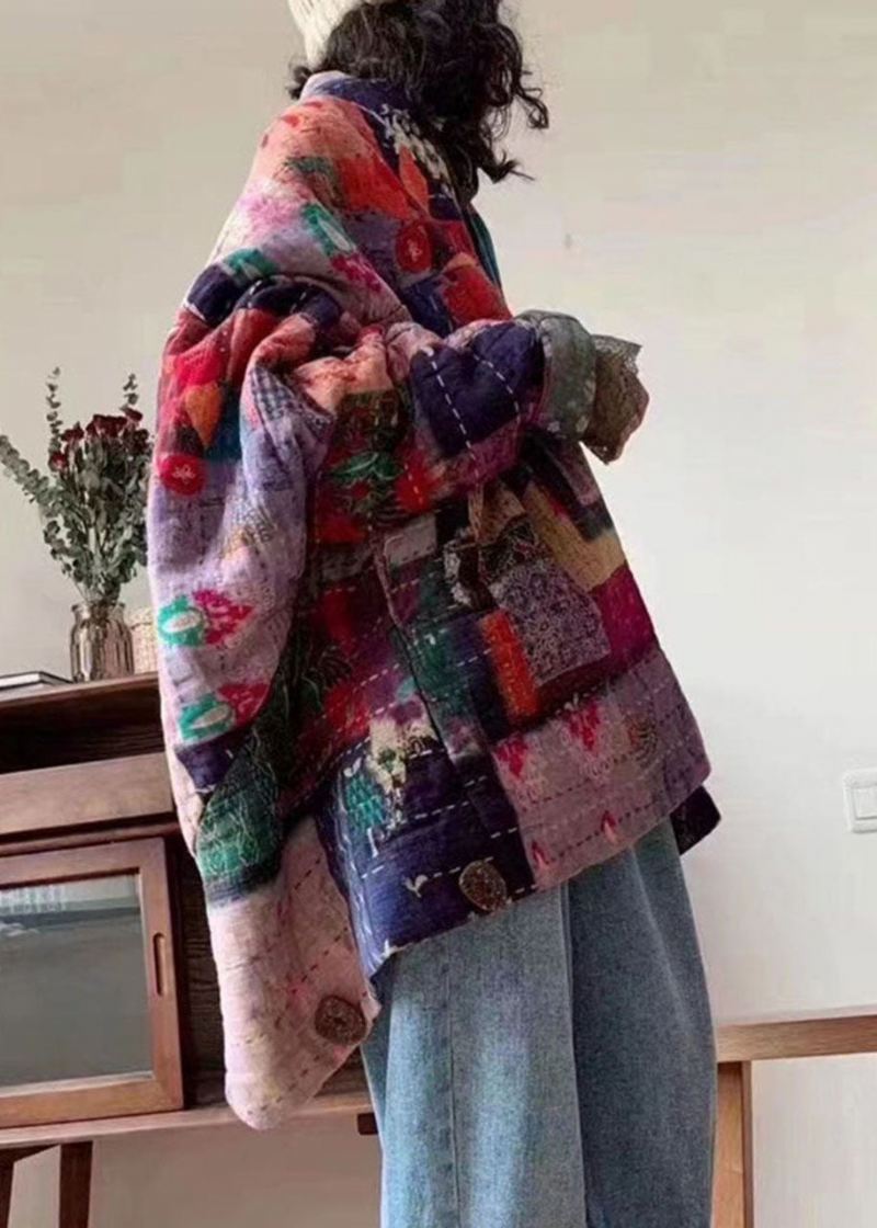 Boho Nadruk W Stylu Retro Kieszenie Na Guziki Swobodna Zimowa Bawełniana Parka - Kurtki puchowe damskie