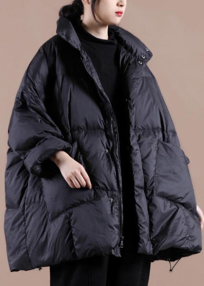 Casualowa Odzież Plus Size Damska Parka Kurtki Czarna Stójka Duże Kieszenie Puchowe Płaszcz Zimowy - Czarny