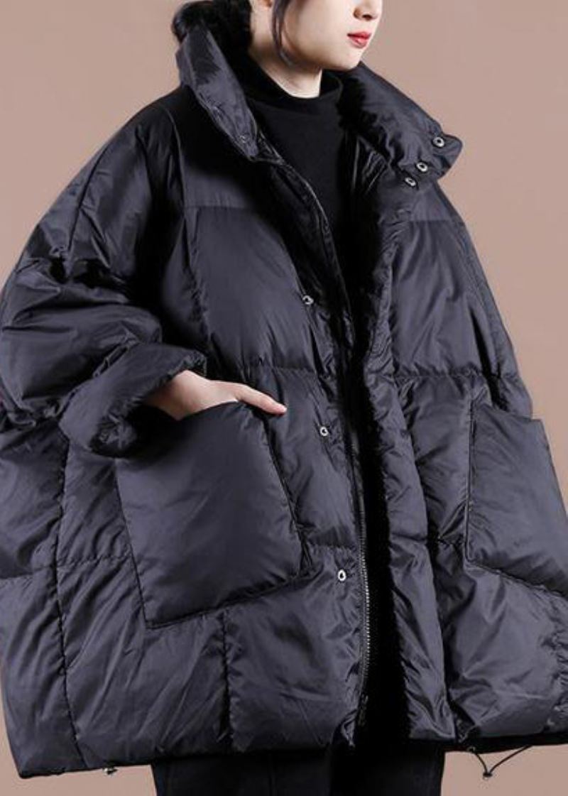 Casualowa Odzież Plus Size Damska Parka Kurtki Czarna Stójka Duże Kieszenie Puchowe Płaszcz Zimowy - Czarny