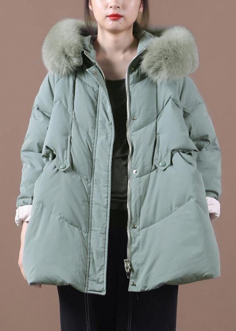 Casualowy Zielony Ciepły Płaszcz Zimowy Odzież Plus Size Parka Futrzany Kołnierz Z Kapturem - Kurtki puchowe damskie