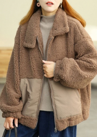 Nowoczesne Kieszenie Khaki Z Kołnierzykiem Piotruś Pan Teddy Faux Fur Puffers Kurtki Zimowe