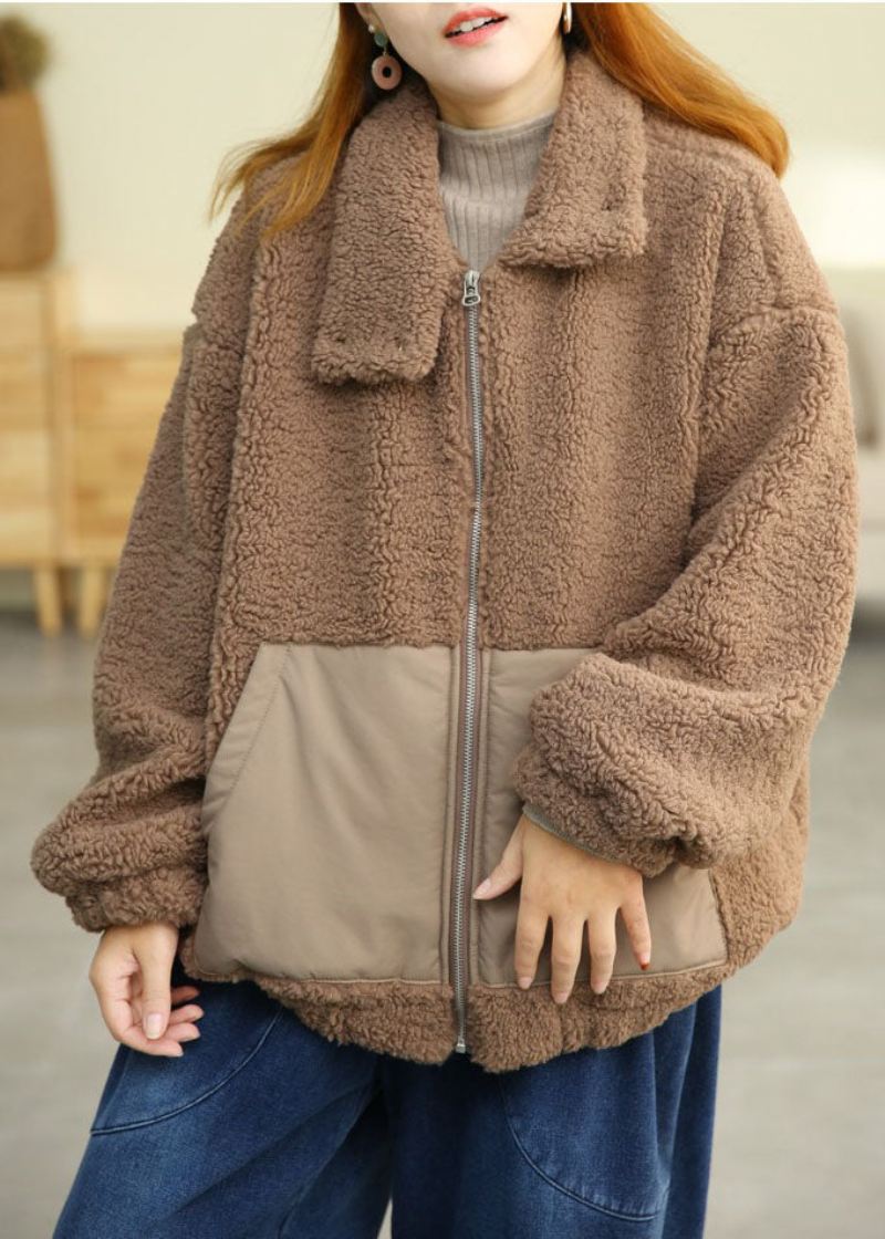 Nowoczesne Kieszenie Khaki Z Kołnierzykiem Piotruś Pan Teddy Faux Fur Puffers Kurtki Zimowe - Kurtki puchowe damskie