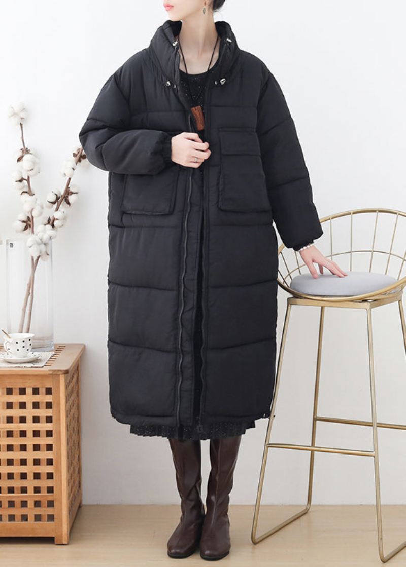 Plus Size Czarna Gruba Długa Parka Zimowa Ze Stójką I Zamkiem