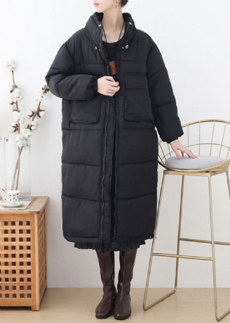 Plus Size Czarna Gruba Długa Parka Zimowa Ze Stójką I Zamkiem