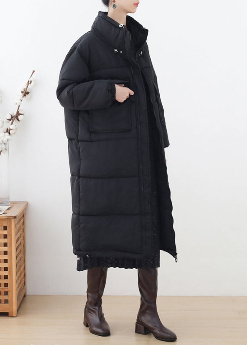 Plus Size Czarna Gruba Długa Parka Zimowa Ze Stójką I Zamkiem - Czarny