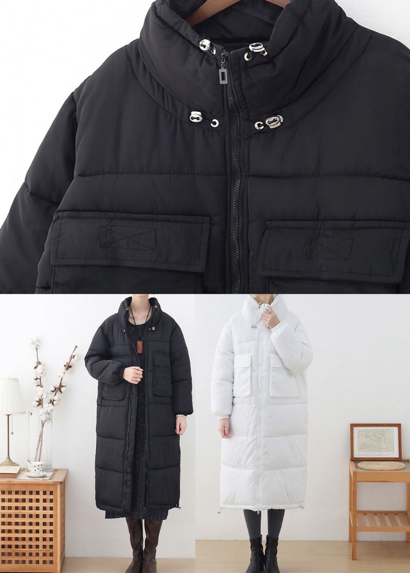 Plus Size Czarna Gruba Długa Parka Zimowa Ze Stójką I Zamkiem - Czarny