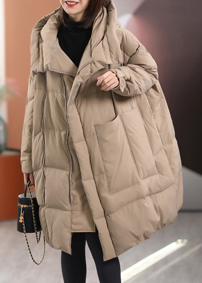 Plus Size Khaki Oversize Patchworkowe Kieszenie Płaszcze Zimowe Z Kaczym Puchem