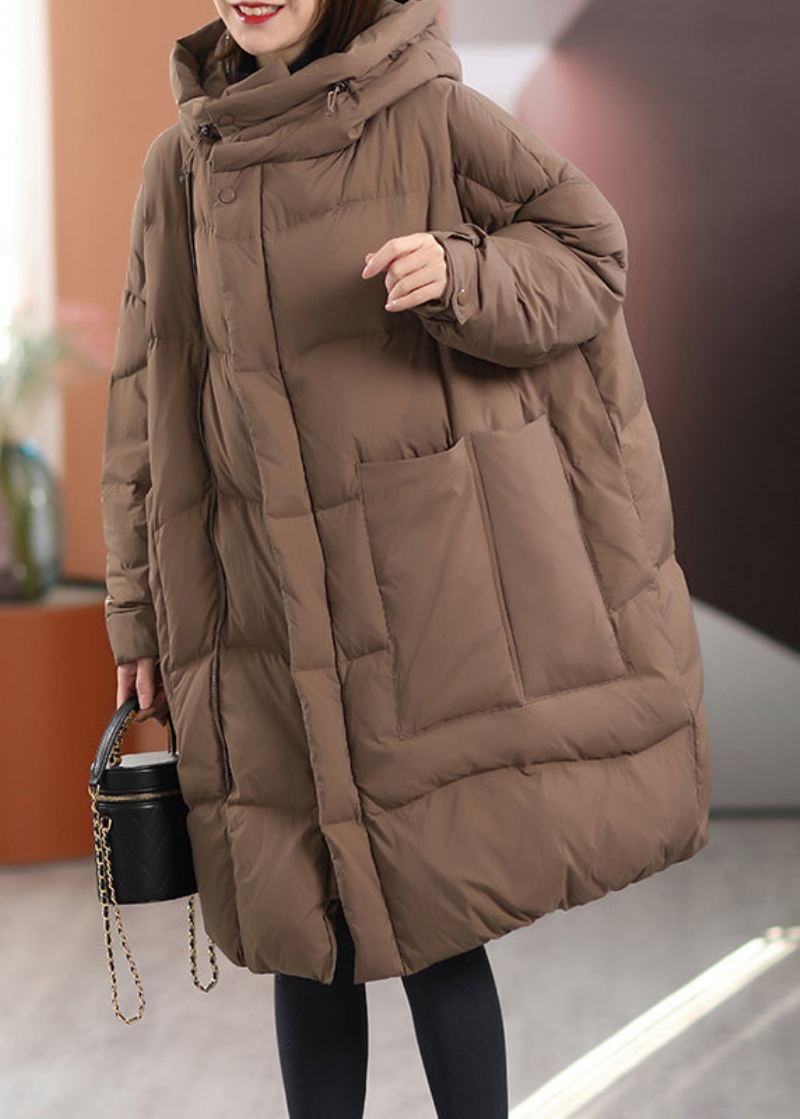 Plus Size Khaki Oversize Patchworkowe Kieszenie Płaszcze Zimowe Z Kaczym Puchem - Kurtki puchowe damskie