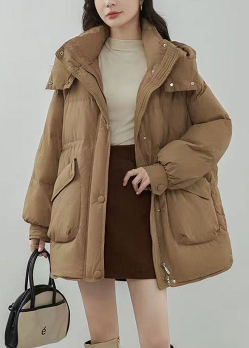 Plus Size Khaki Zapinane Na Zamek Kieszenie Zimowe Płaszcze Z Kaczym Puchem - Kurtki puchowe damskie