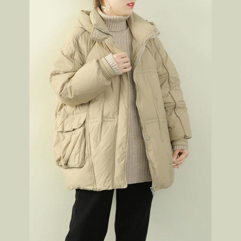 Plus Size Kurtki Śnieżne Płaszcze Khaki Patchworkowy Ciepły Płaszcz Z Kapturem - Czarny