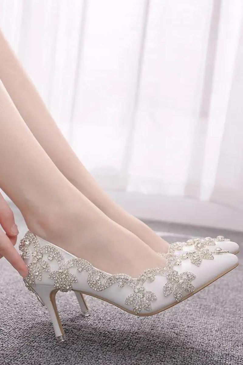 Buty Damskie Wysokie Obcasy Ślubne Cienkie 7cm Białe Diamentowe Błyszczące Suknie Wieczorowe Czółenka Panny Młodej