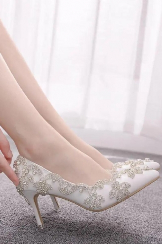 Buty Damskie Wysokie Obcasy Ślubne Cienkie 7cm Białe Diamentowe Błyszczące Suknie Wieczorowe Czółenka Panny Młodej