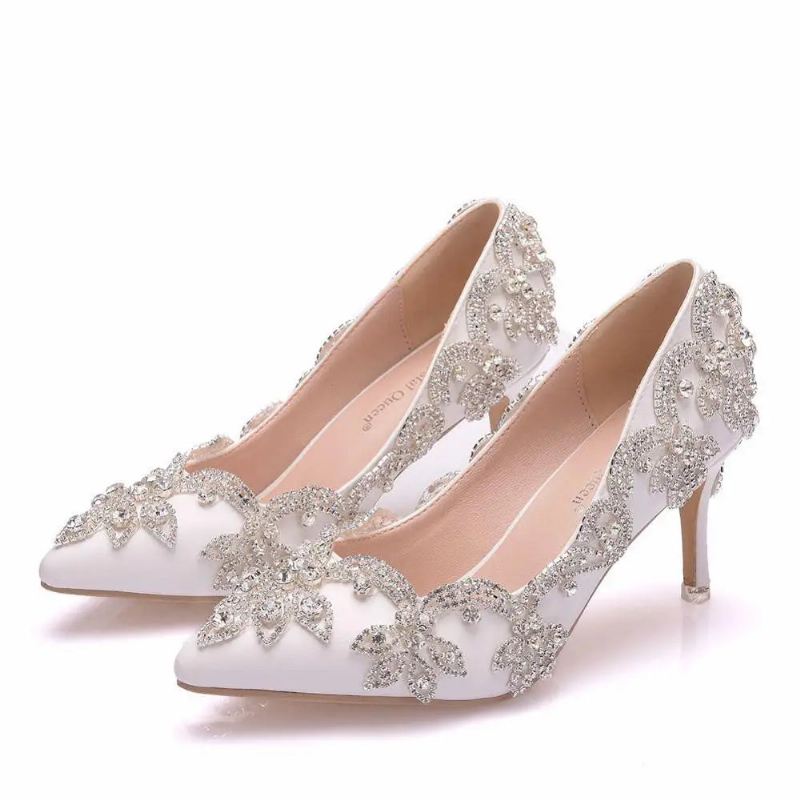 Buty Damskie Wysokie Obcasy Ślubne Cienkie 7cm Białe Diamentowe Błyszczące Suknie Wieczorowe Czółenka Panny Młodej - Biały