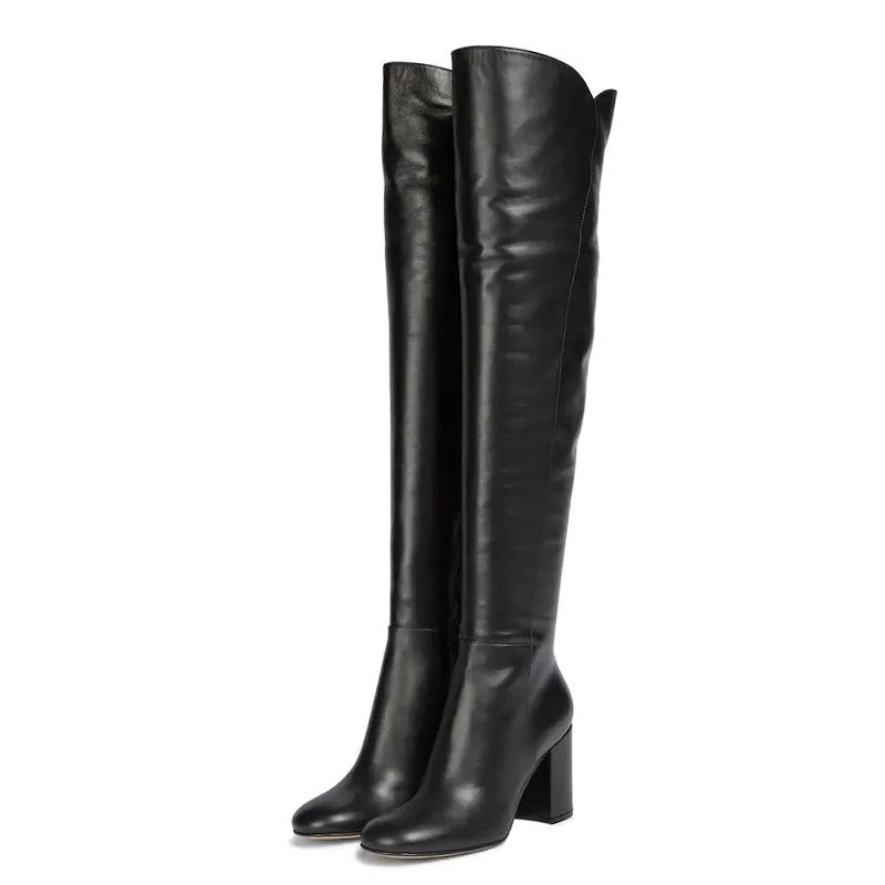 Damskie Buty Za Kolano Zimowe Oryginalne Skórzane Na Wysokim Obcasie Zip Luxury Over Knee Boots - Czarny