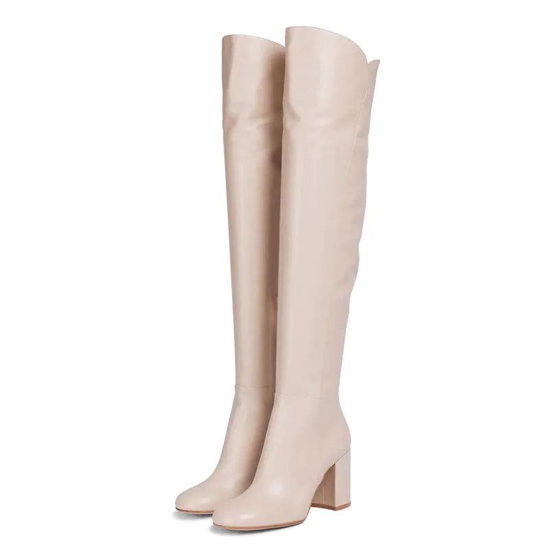 Damskie Buty Za Kolano Zimowe Oryginalne Skórzane Na Wysokim Obcasie Zip Luxury Over Knee Boots - Czarny