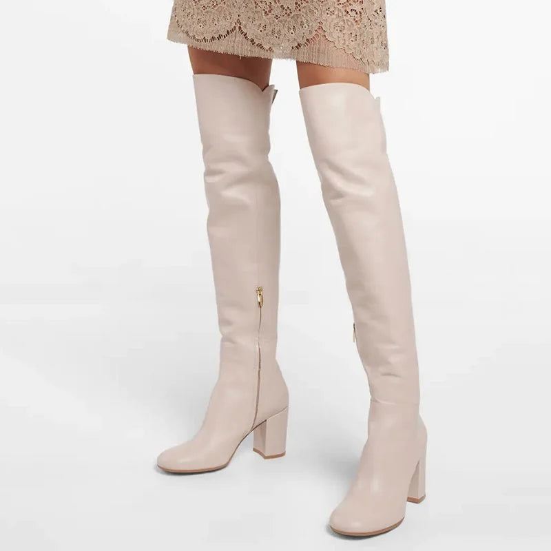 Damskie Buty Za Kolano Zimowe Oryginalne Skórzane Na Wysokim Obcasie Zip Luxury Over Knee Boots - Czarny