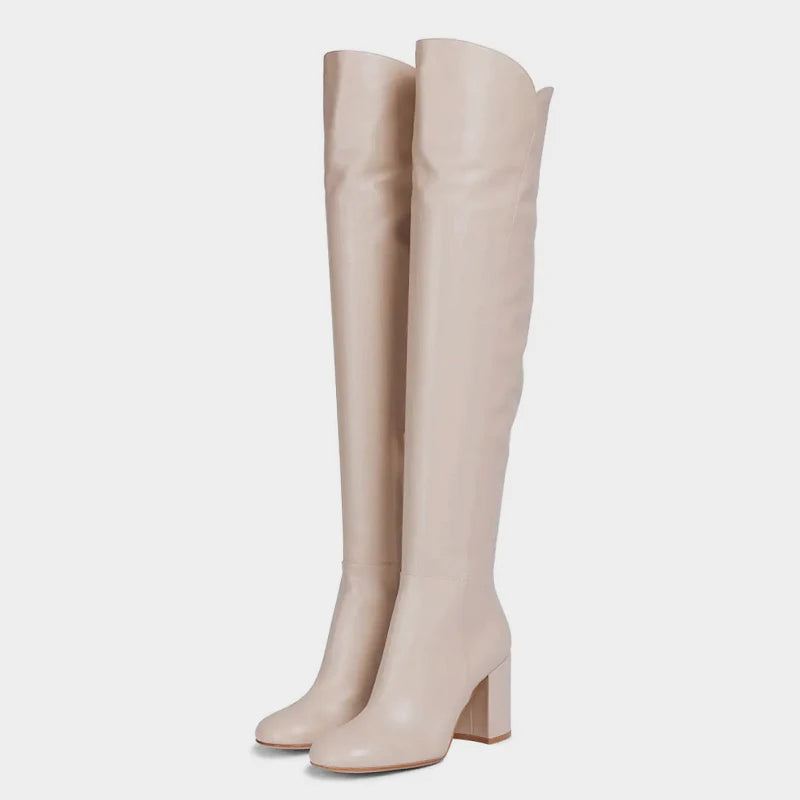 Damskie Buty Za Kolano Zimowe Oryginalne Skórzane Na Wysokim Obcasie Zip Luxury Over Knee Boots - Czarny