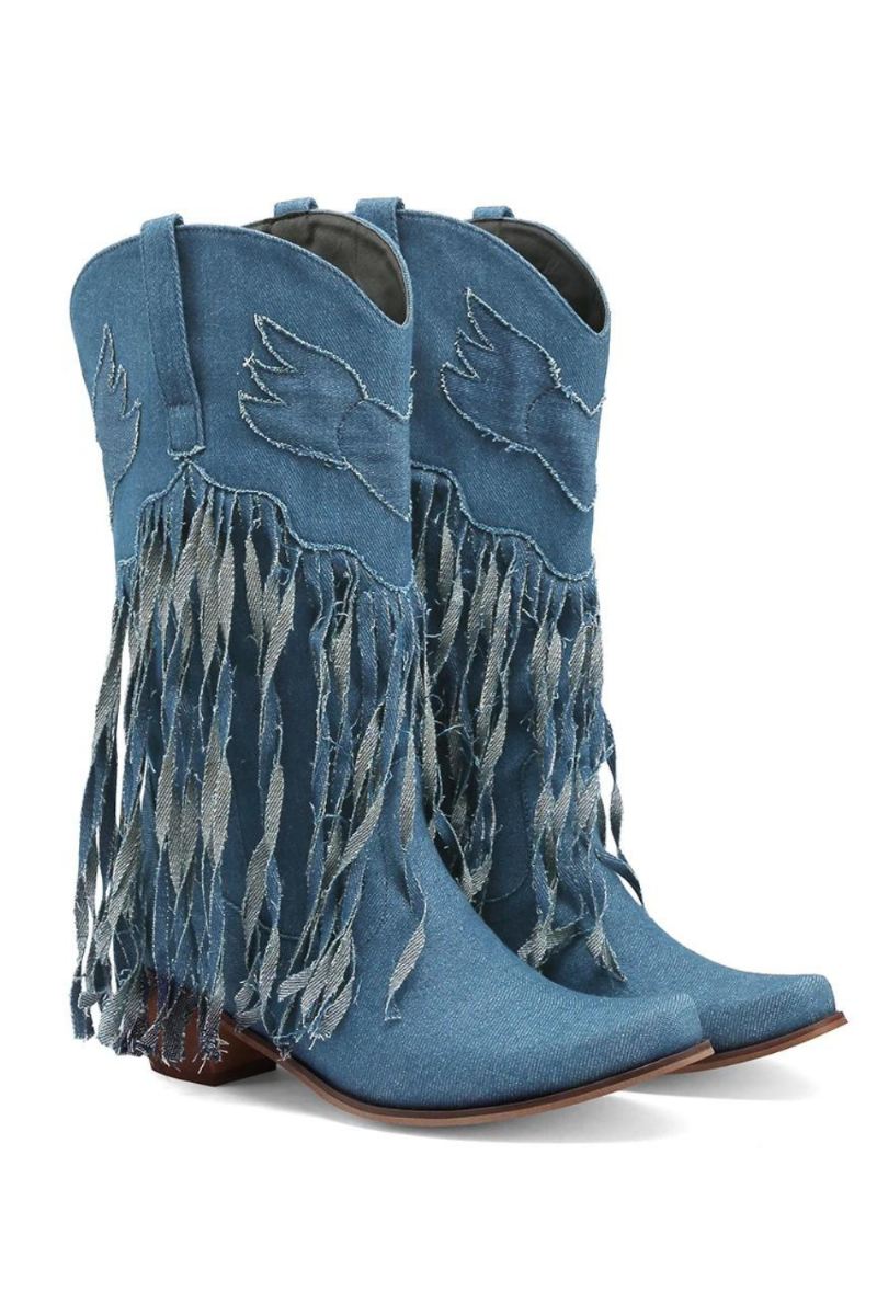 Vintage Woman Denim Tassel Boots Pointed Toe Retro Wysokie Buty Na Łydkę Damskie Obcasy Haftowane