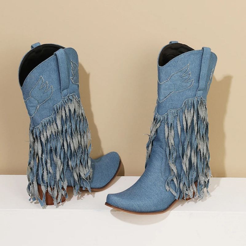 Vintage Woman Denim Tassel Boots Pointed Toe Retro Wysokie Buty Na Łydkę Damskie Obcasy Haftowane - Niebieski