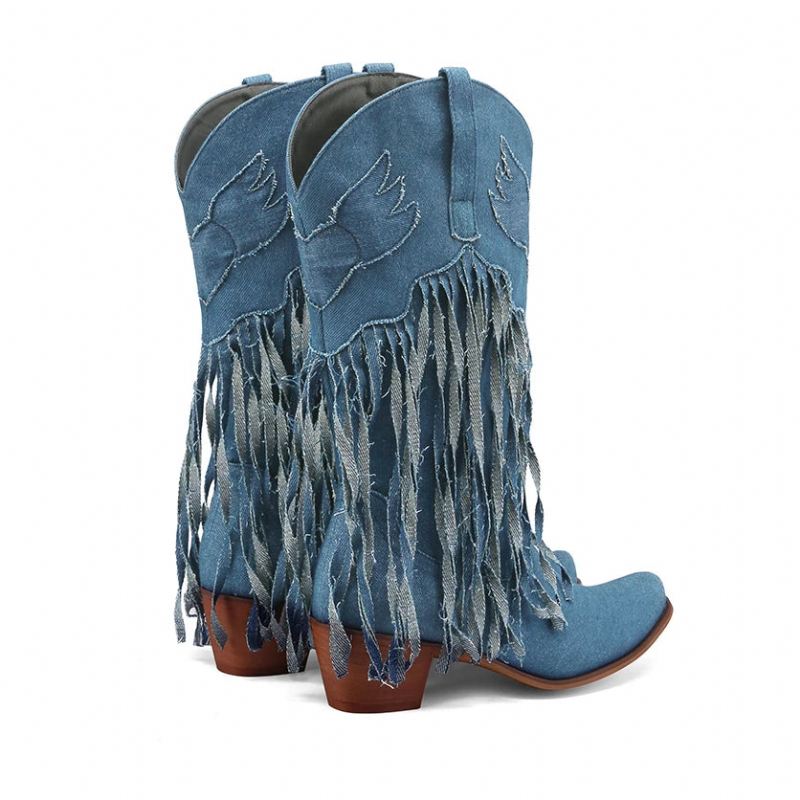 Vintage Woman Denim Tassel Boots Pointed Toe Retro Wysokie Buty Na Łydkę Damskie Obcasy Haftowane - Niebieski