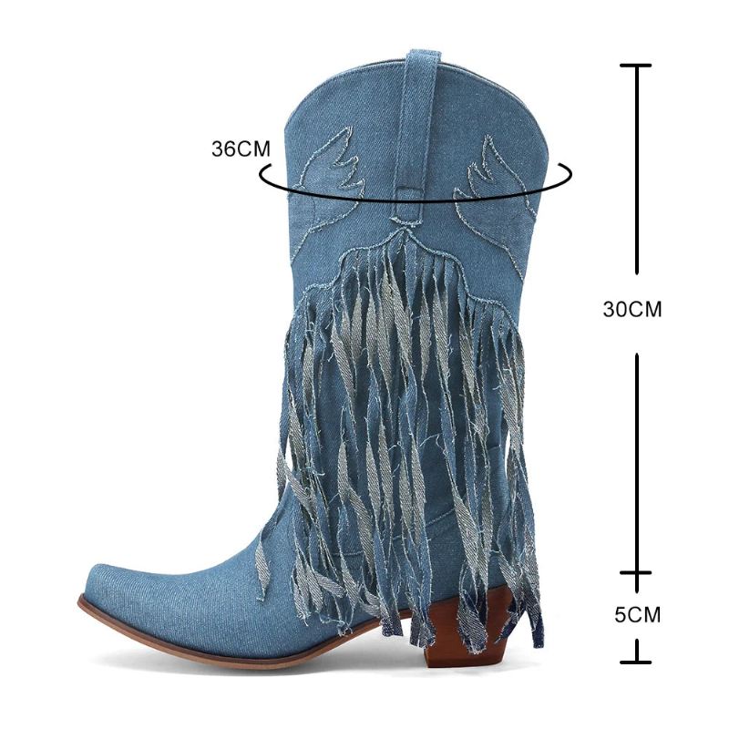 Vintage Woman Denim Tassel Boots Pointed Toe Retro Wysokie Buty Na Łydkę Damskie Obcasy Haftowane - Niebieski