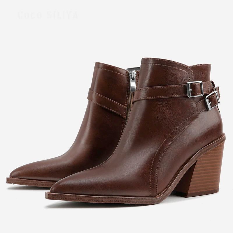 Zimowe Buty Chelsea Pointed Toe Damskie Botki Retro Grube Na Wysokim Obcasie - Czarny