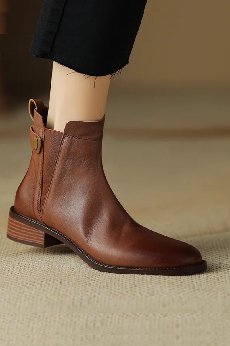 Zimowe Buty Damskie Chelsea Boots Round Toe Prawdziwe Skórzane Botki Retro Brązowe Prawdziwa Skóra