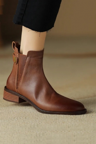 Zimowe Buty Damskie Chelsea Boots Round Toe Prawdziwe Skórzane Botki Retro Brązowe Prawdziwa Skóra