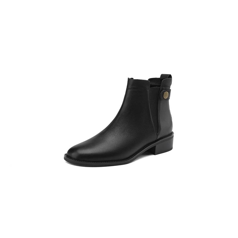 Zimowe Buty Damskie Chelsea Boots Round Toe Prawdziwe Skórzane Botki Retro Brązowe Prawdziwa Skóra - Czarny