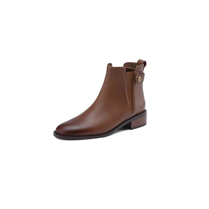 Zimowe Buty Damskie Chelsea Boots Round Toe Prawdziwe Skórzane Botki Retro Brązowe Prawdziwa Skóra - Czarny