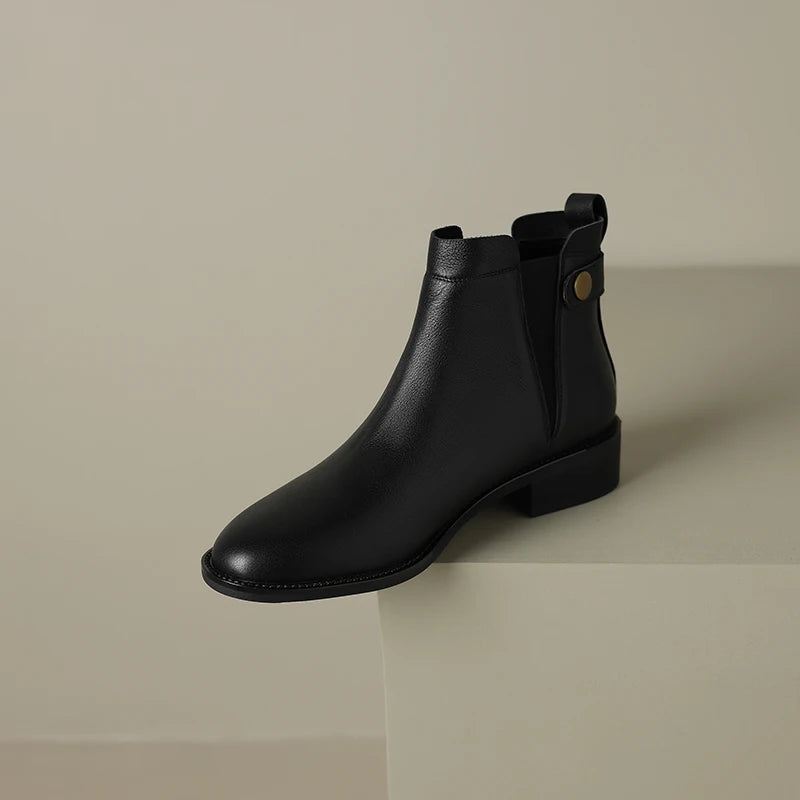 Zimowe Buty Damskie Chelsea Boots Round Toe Prawdziwe Skórzane Botki Retro Brązowe Prawdziwa Skóra - Czarny