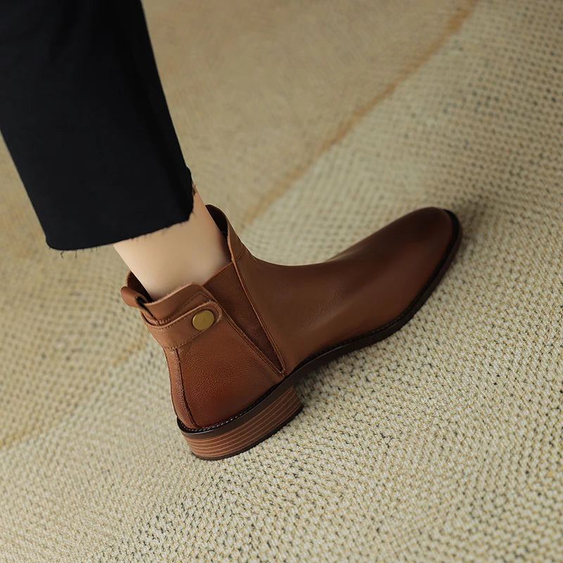 Zimowe Buty Damskie Chelsea Boots Round Toe Prawdziwe Skórzane Botki Retro Brązowe Prawdziwa Skóra - Czarny