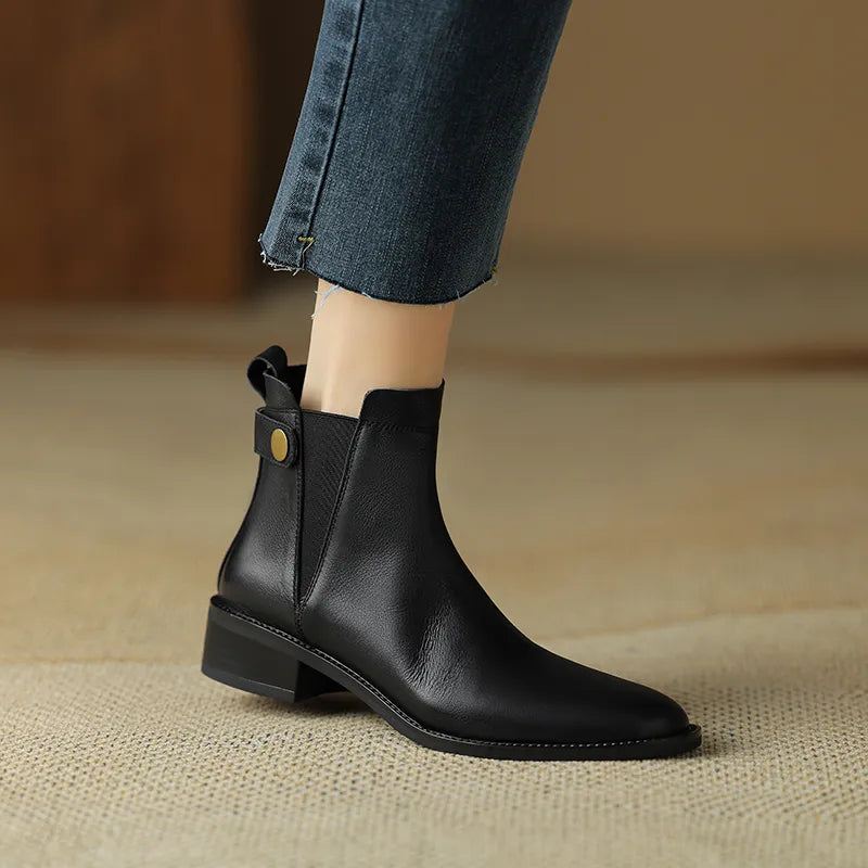 Zimowe Buty Damskie Chelsea Boots Round Toe Prawdziwe Skórzane Botki Retro Brązowe Prawdziwa Skóra - Czarny