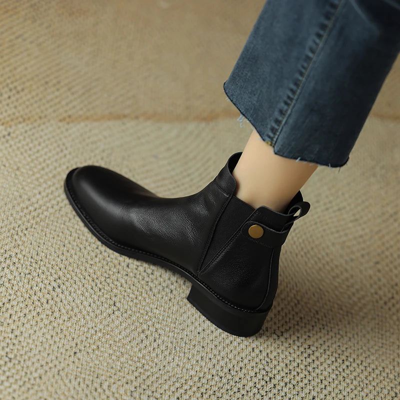 Zimowe Buty Damskie Chelsea Boots Round Toe Prawdziwe Skórzane Botki Retro Brązowe Prawdziwa Skóra - Czarny