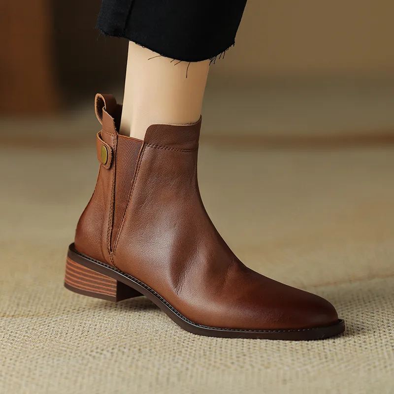 Zimowe Buty Damskie Chelsea Boots Round Toe Prawdziwe Skórzane Botki Retro Brązowe Prawdziwa Skóra - Czarny