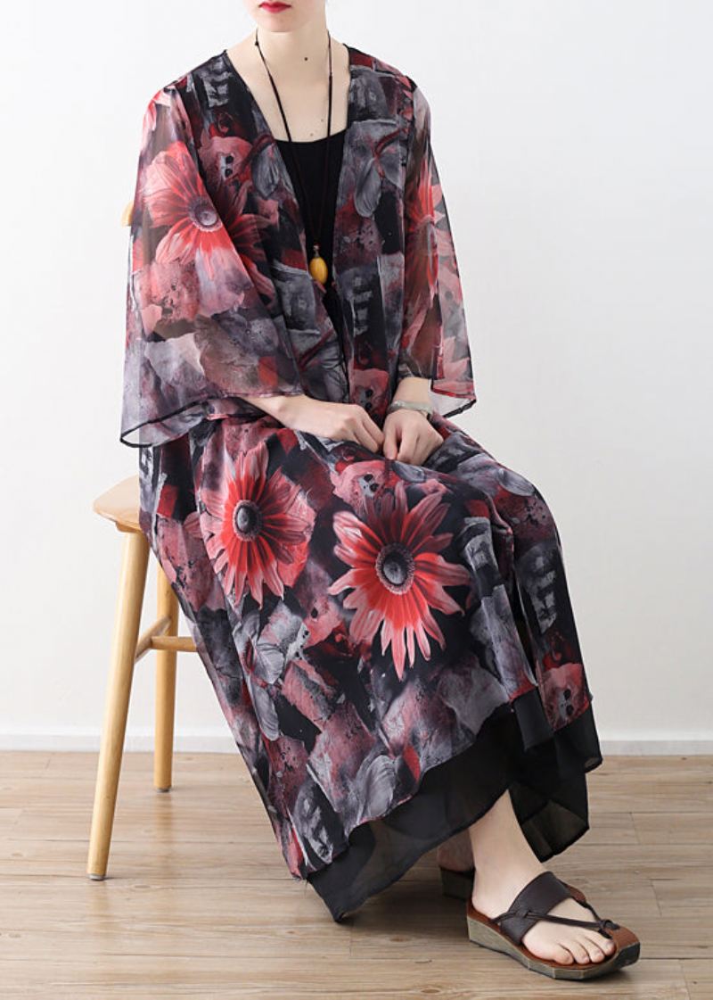 Artystyczny Czerwony Szyfonowy Płaszcz Z Nadrukiem Robe Summer Dress Cardigan - Zielony