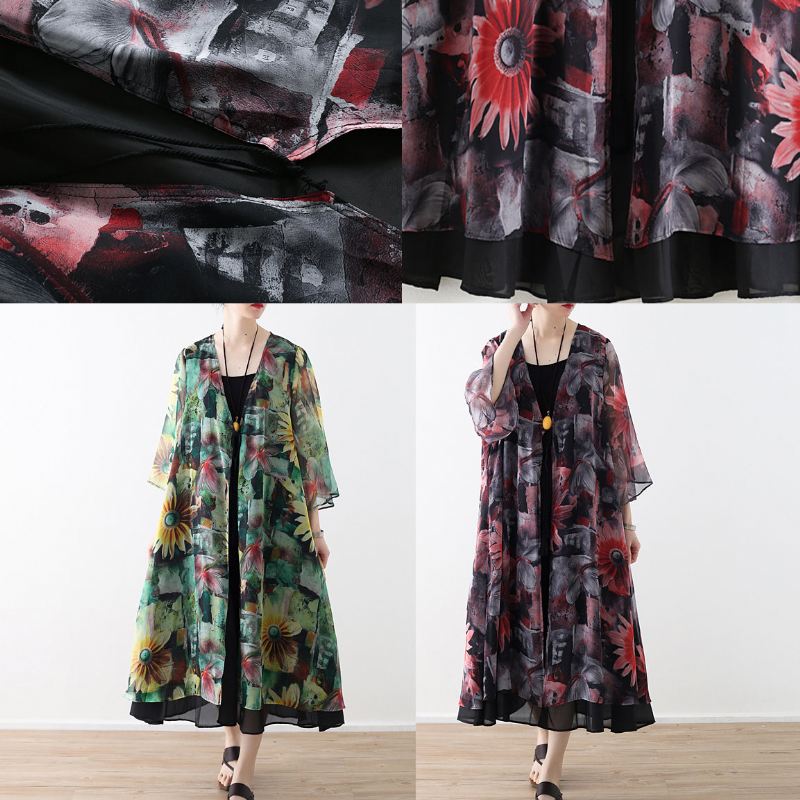 Artystyczny Czerwony Szyfonowy Płaszcz Z Nadrukiem Robe Summer Dress Cardigan - Zielony