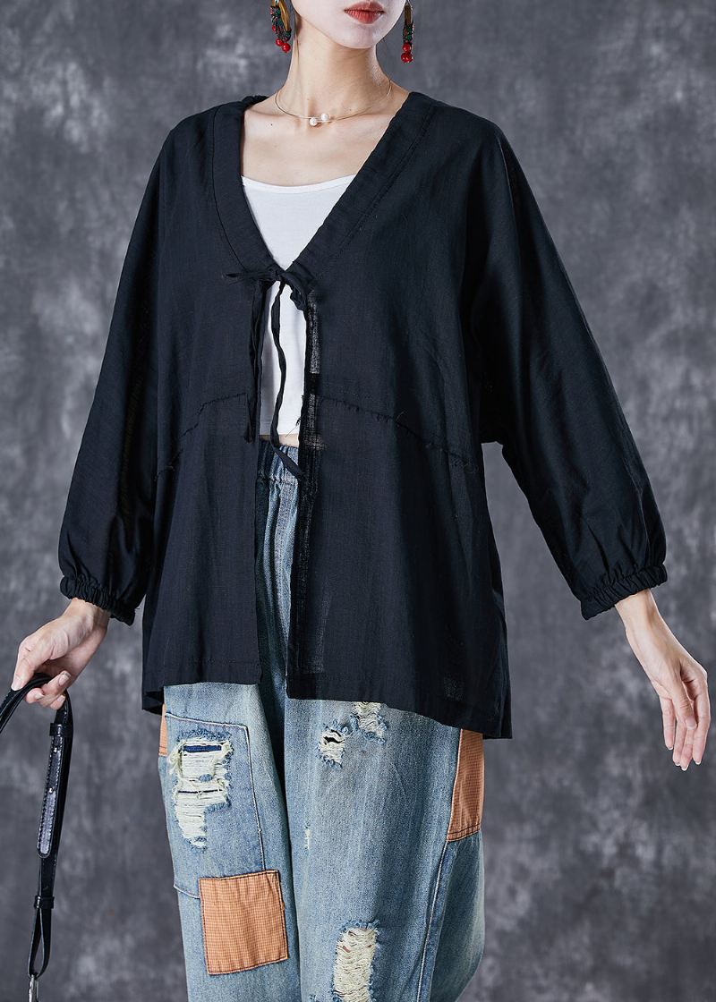 Boho Czarny Oversize'owy Sznurowany Lniany Kardigan Jesienny