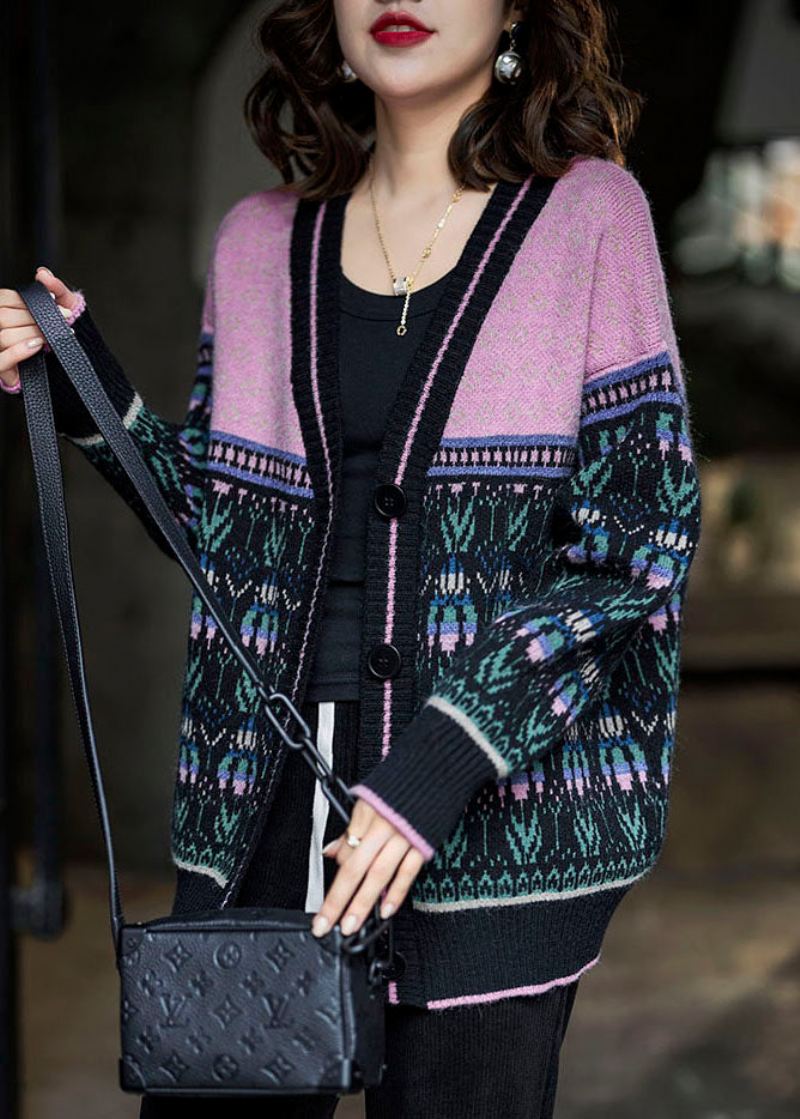 Boho Czarny Różowy Oversize Patchworkowy Leniwy Sweter Z Dzianiny Zimowy