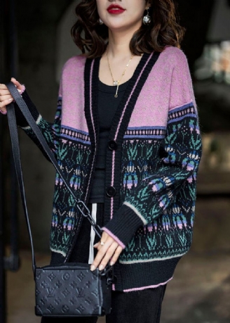 Boho Czarny Różowy Oversize Patchworkowy Leniwy Sweter Z Dzianiny Zimowy