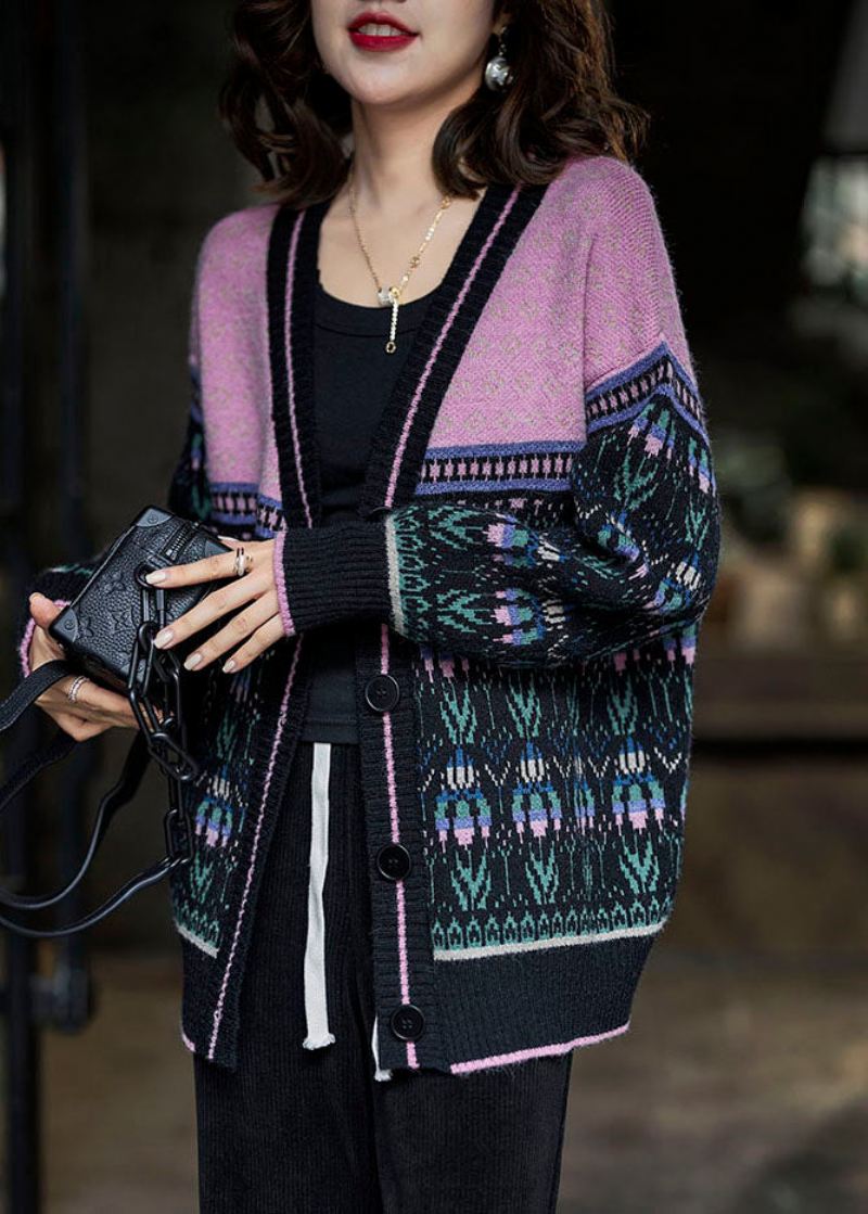 Boho Czarny Różowy Oversize Patchworkowy Leniwy Sweter Z Dzianiny Zimowy - Kardigany damskie