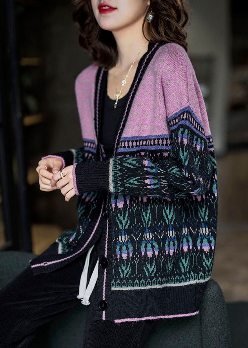 Boho Czarny Różowy Oversize Patchworkowy Leniwy Sweter Z Dzianiny Zimowy - Kardigany damskie